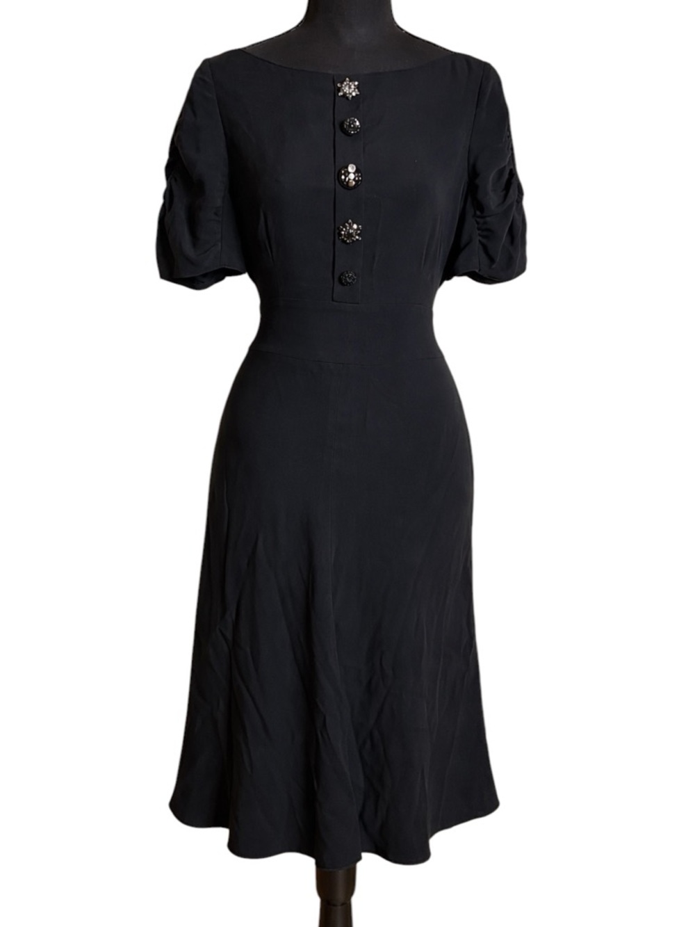 Marc Jacobs 100% Silk Black Midi Dress Size 6 Button Front Waist Tie Elegant